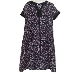 Yozly house dress House Coat Sz S Duster Blue & Black robe Floral zip Grannycore